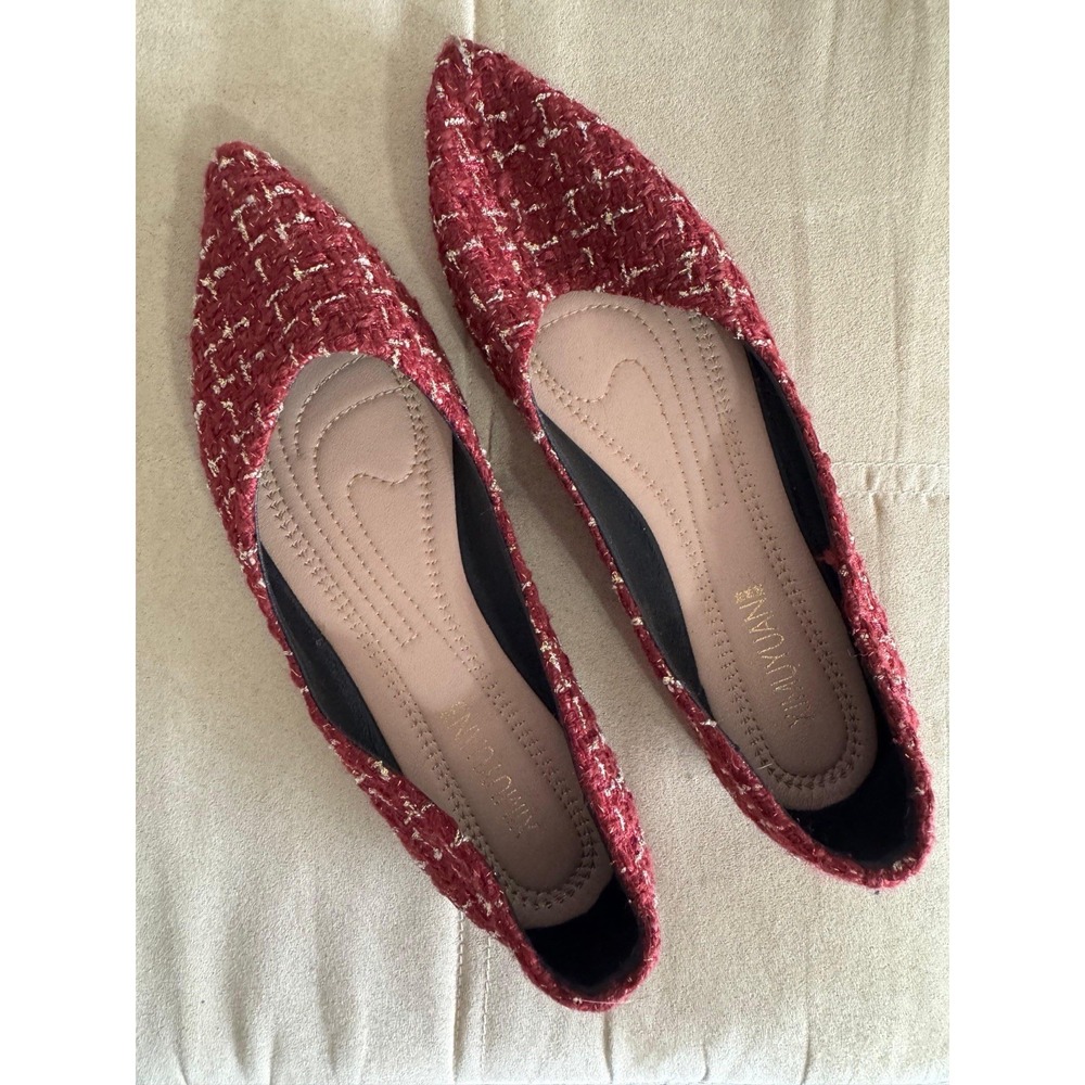 Ximuyuan Burgundy Tweed Pointed Toe Ballet Flats